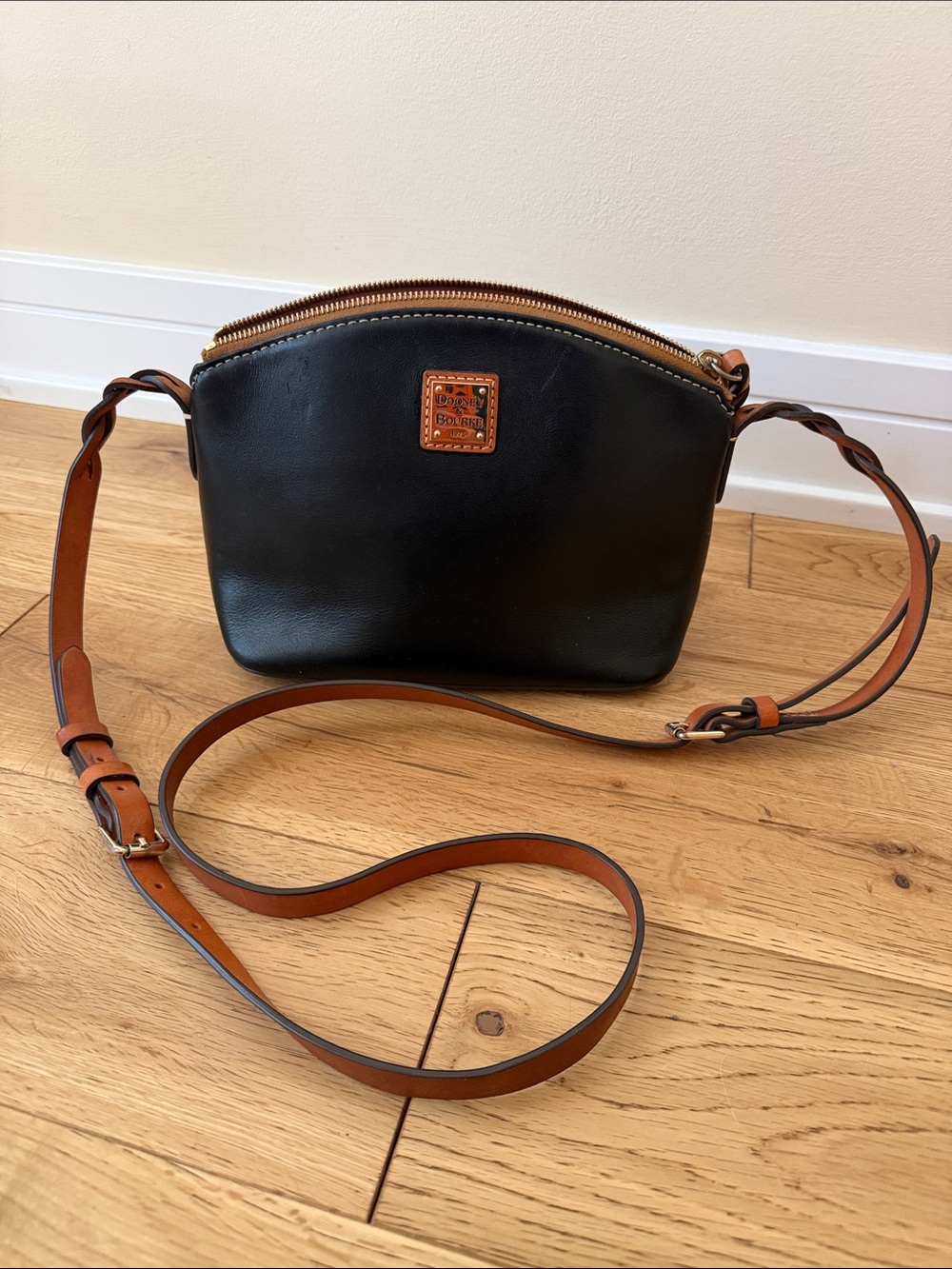 Dooney & Bourke Black Leather Pebble Crossbody with Brown Trim